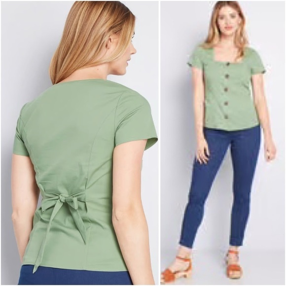 ModCloth Cottage Curation Square Neck Top Green Button Front Tie Back S NWT - Picture 3 of 7